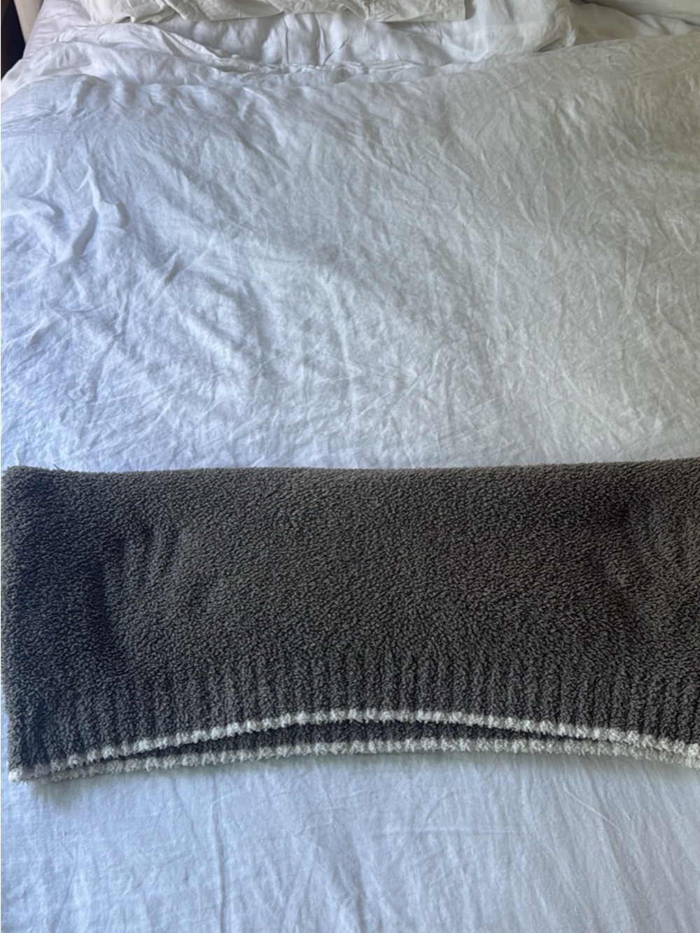 Barefoot Dreams cozy chic grey blanket with white trim